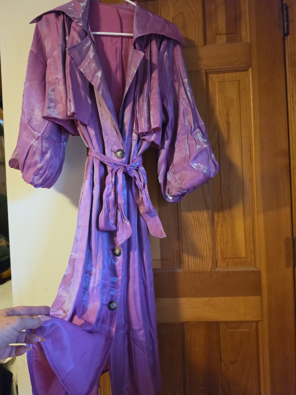 SHEIN Iridescent Purple Satin Trench Coat with Tie Waist
